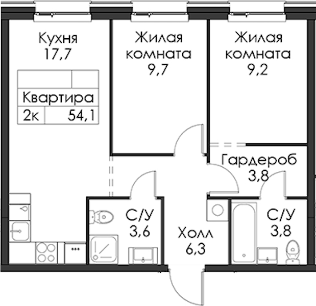 2-комнатная квартира 54.1 м², 5/12 эт., ЖК «Шкиперский 19»